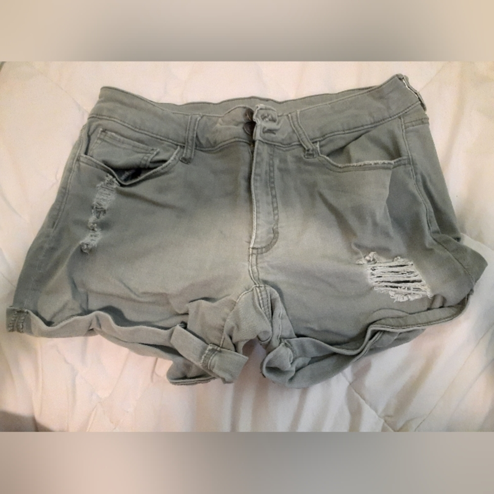 Mildly Distressed Mid-Rise Olive Shorts